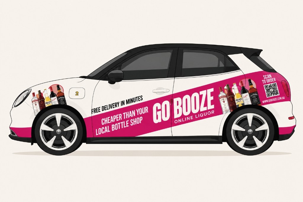 GoBooze delivery car — free delivery in minutes, cheaper than your local bottle shop
